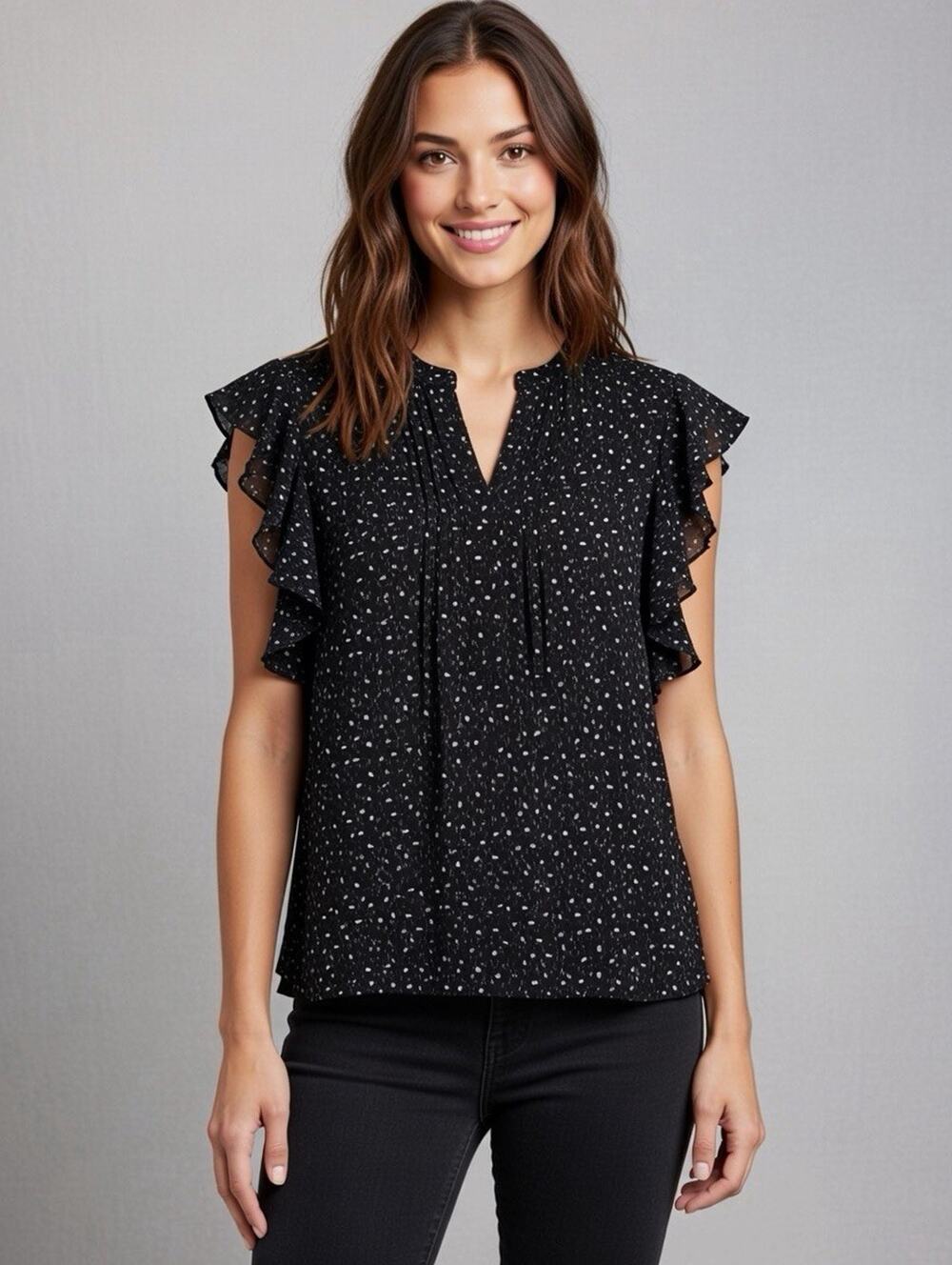 NEW Nordstrom Top Blouse Flutter Sleeve Fairy Trad Wife Romantic Career Navy M